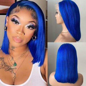 Blue Bob Wigs Human Hair for Black Women 13x4 HD Transparent Lace Frontal Straight Blunt Cut Bob Wigs Human Hair Pre Plucked Wear and Go Glueless Bob Wigs 180% Density Cheap Short Blue Wig 10 Inch