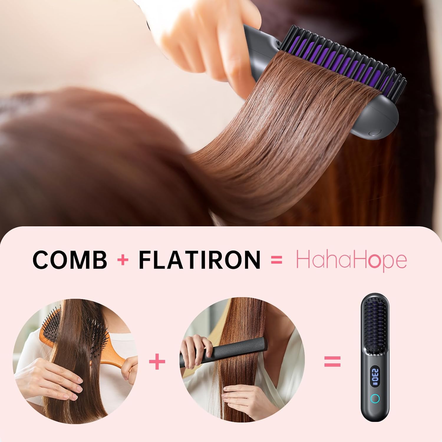 Cordless Hair Straightener Brush-Portable Straightening Comb, 9600mAh Batt, Plasma Tech, 9 Temp-Settings & LED Display, for Travel & Home (Metallic Grey) - Image 2