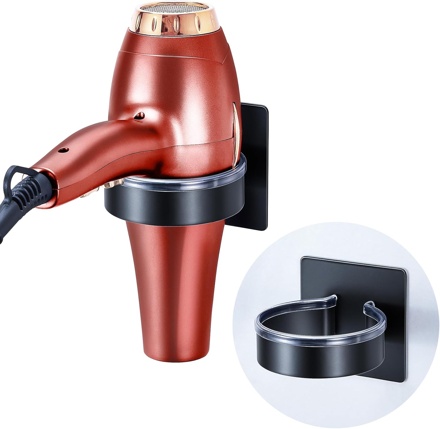 Hair Dryer Holder, Black Blow Dryer Holder Wall Mounted, Hairdryer Holder for Bathroom, Adhesive Hair Tool Organizer for Hair Dryer Storage Organizer, Stainless Steel Hair Dryer Hanger