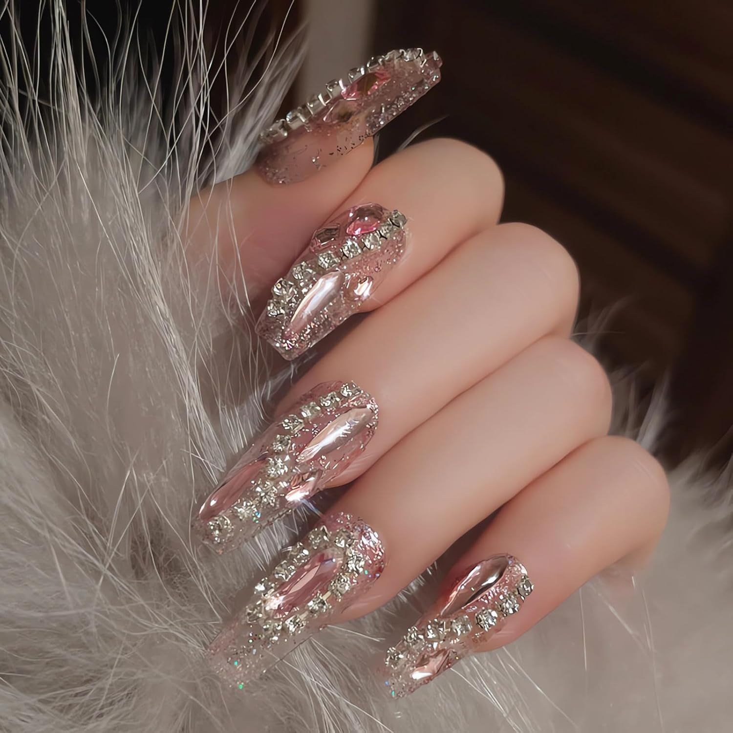 IMSOHOT Long Press on Nails Coffin Glitter Fake Nails Shiny Pink Rhinestone Full Cover False Nails Glue on Nails Luxury Ballerina Artificial Acrylic Nails for Women 24Pcs - Image 2