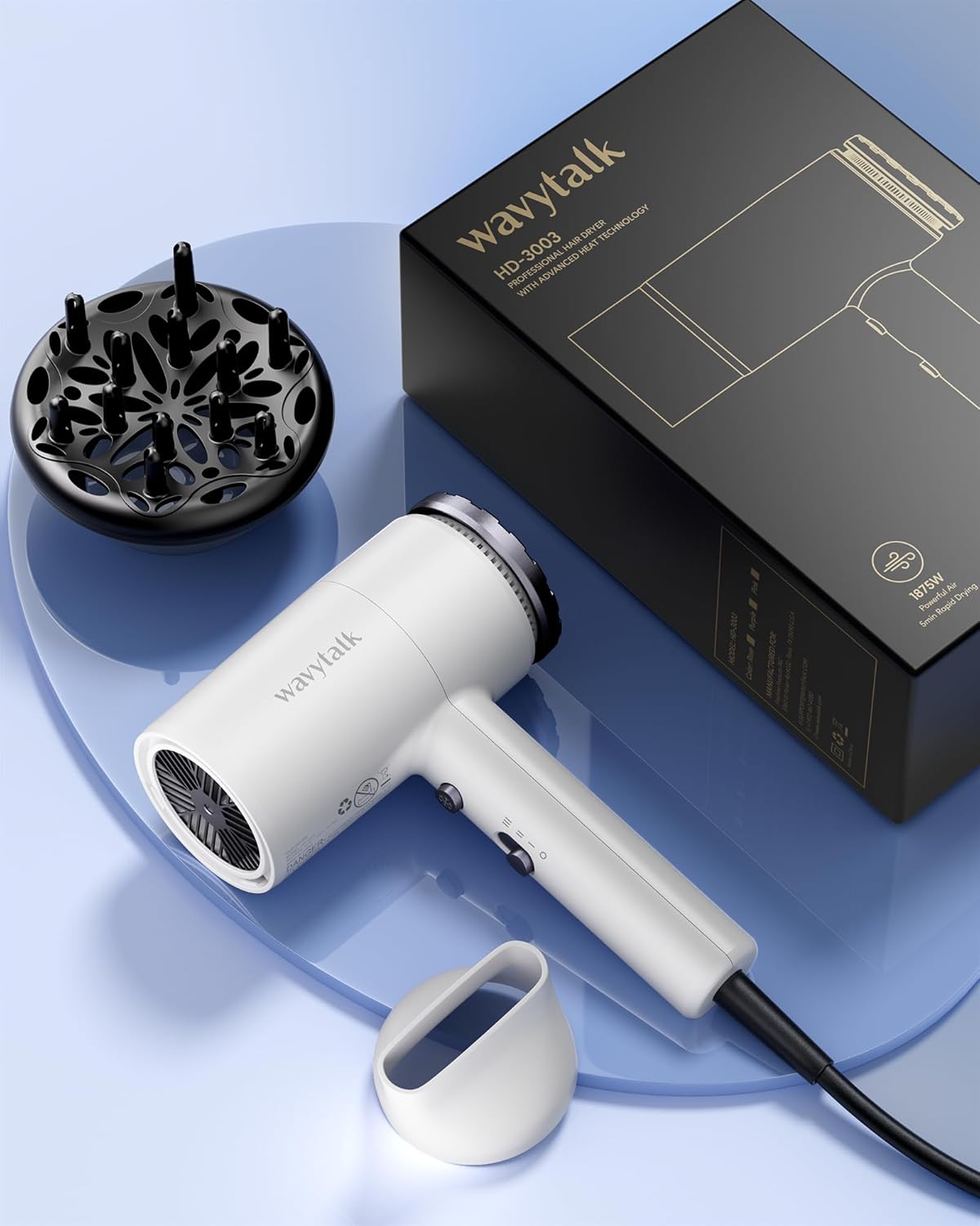 Wavytalk Hair Dryer with Diffuser 1875W Ionic Blow Dryer for Fast Drying with Concentrator Lightweight White. - Image 3