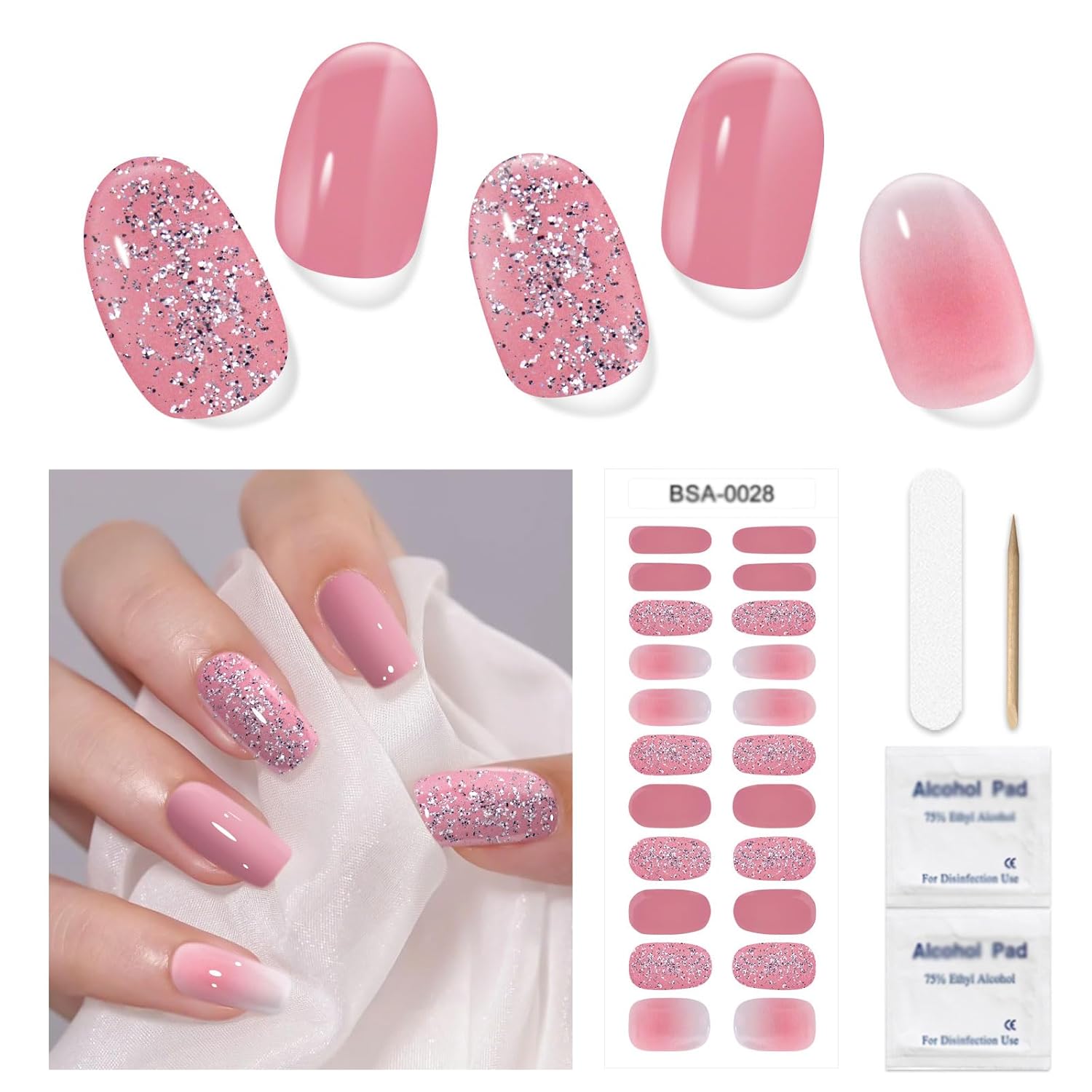 Gel Nail Strips No UV Light Needed, 22Pcs Pink Silver Glitter Gel Nail Stickers for Women, Long Lasting Nails Polish Strips, Easy to Apply & Remove