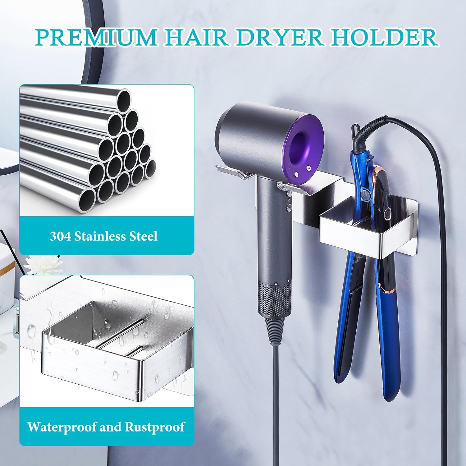 Stainless Steel Wall Mount Hair Dryer and Straightener Organizer for Bathroom Storage - Image 5