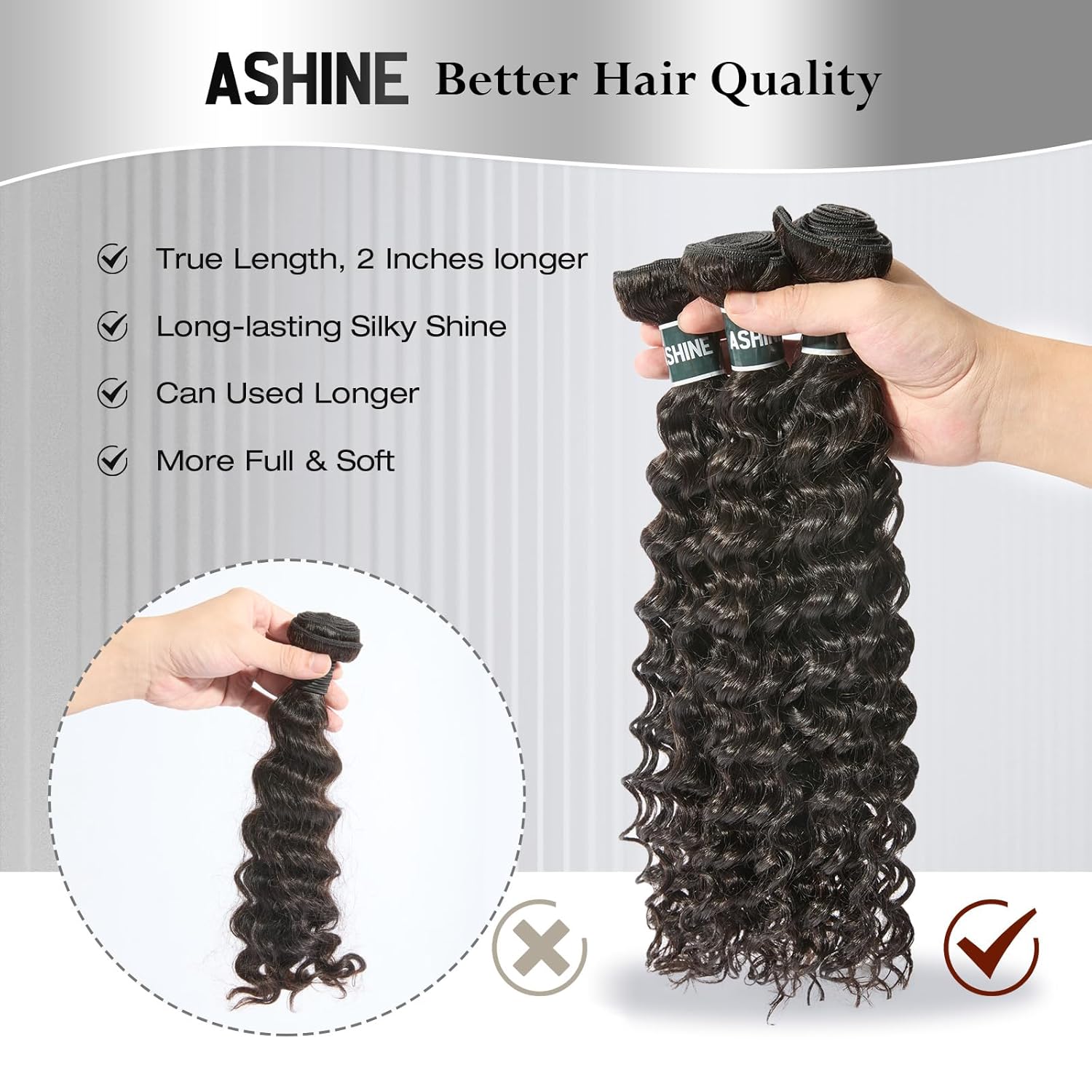 ASHINE Human Hair Bundles Deep Wave Unprocessed Cambodian Raw Hair 16 18 20 Inch, Flip Over Quick Weave Wet and Wave Bundles for Women Natural Black - Image 5