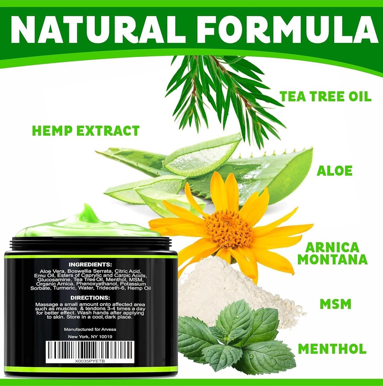 Natural Hemp Cream for Joints, Muscles, Back, Neck, Knees, Hips, Foot, Nerves, Shoulders - Maximum Strength Gel with MSM, Turmeric, Arnica, Aloe, Menthol - Natural Hemp Oil Extract Lotion - 4 fl oz - Image 3