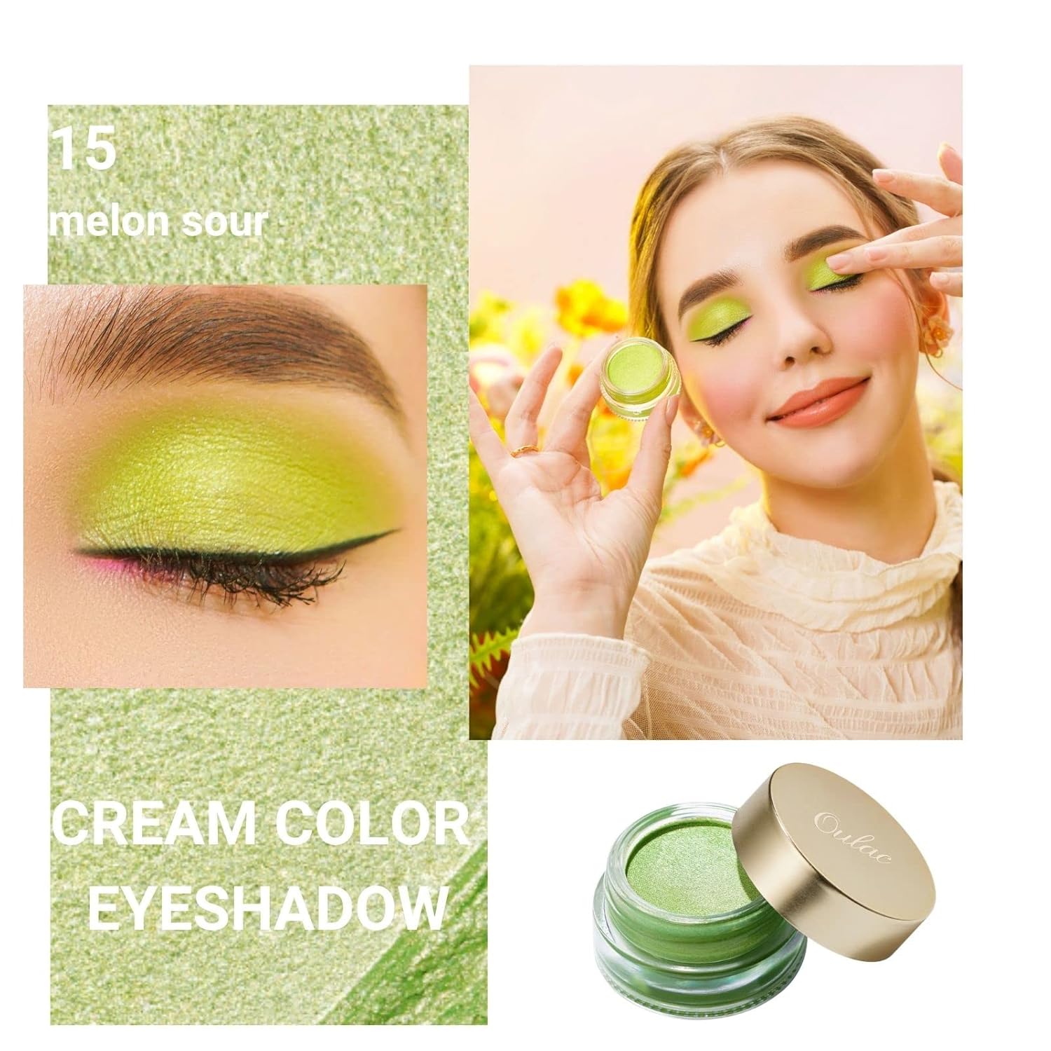 Oulac Lime Green Eyeshadow-Green Glitter Eyeshadow Highly Pigmented Waterproof & Long Lasting for Women with Moisturizing Formula. Multi-use for Highlighter. 6g (15) - Image 2