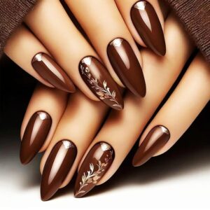 Gold Leaves Press on Nails Glossy Brown False Nails Vine Stick on Nails Spring Leaf Medium Almond Acrylic Fake Nails Gold Triangle Gel Glue on Nails for Coquette Women Girls 24Pcs