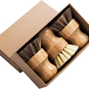 Palm Pot Brush- Bamboo Round 3 Packs Mini Dish Brush Natural Scrub Brush Durable Scrubber Cleaning Kit with Union Fiber and Tampico Fiber for Cleaning Pots, Pans and Vegetables