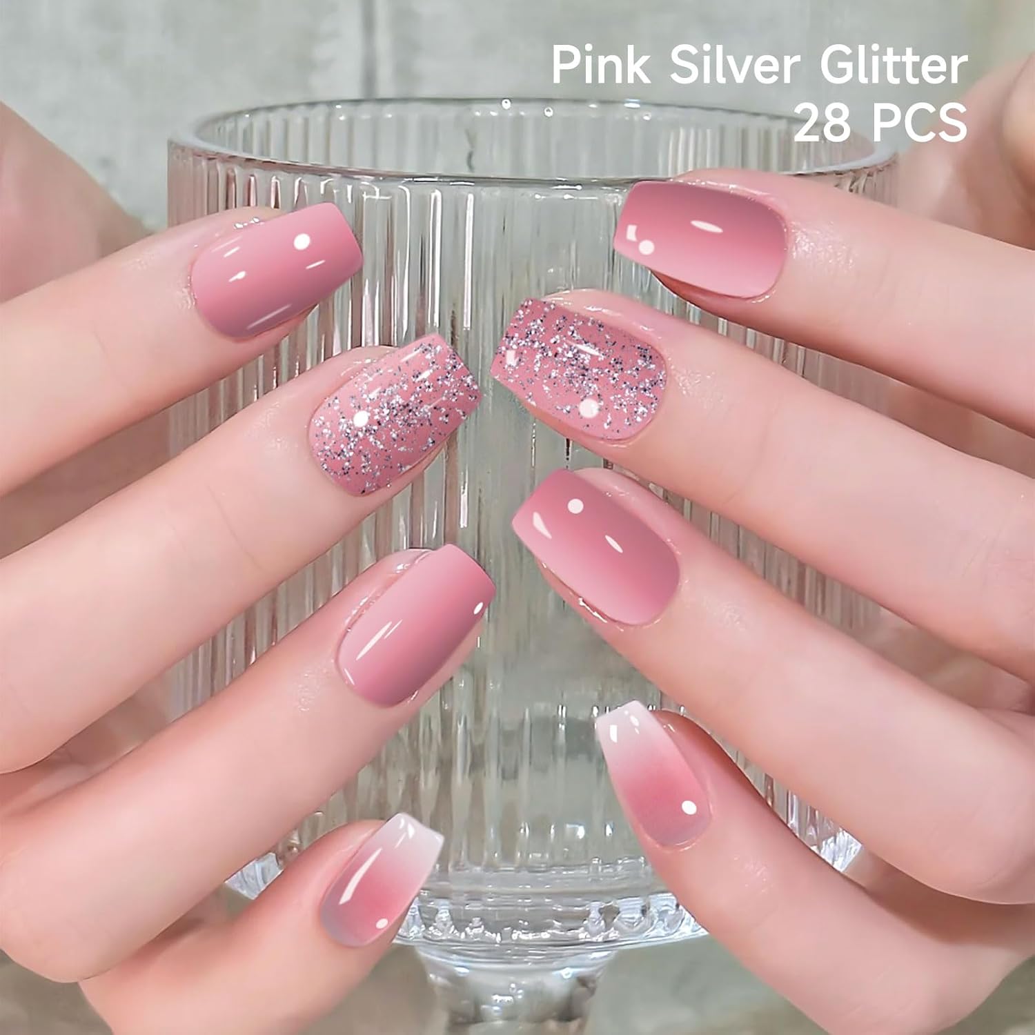 Gel Nail Strips No UV Light Needed, 22Pcs Pink Silver Glitter Gel Nail Stickers for Women, Long Lasting Nails Polish Strips, Easy to Apply & Remove - Image 2