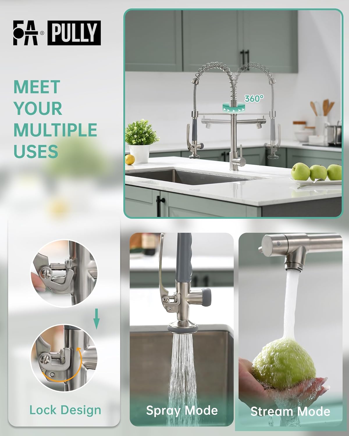 Fapully Commercial Pull Down Kitchen Sink Faucet with Sprayer Brushed Nickel - Image 4