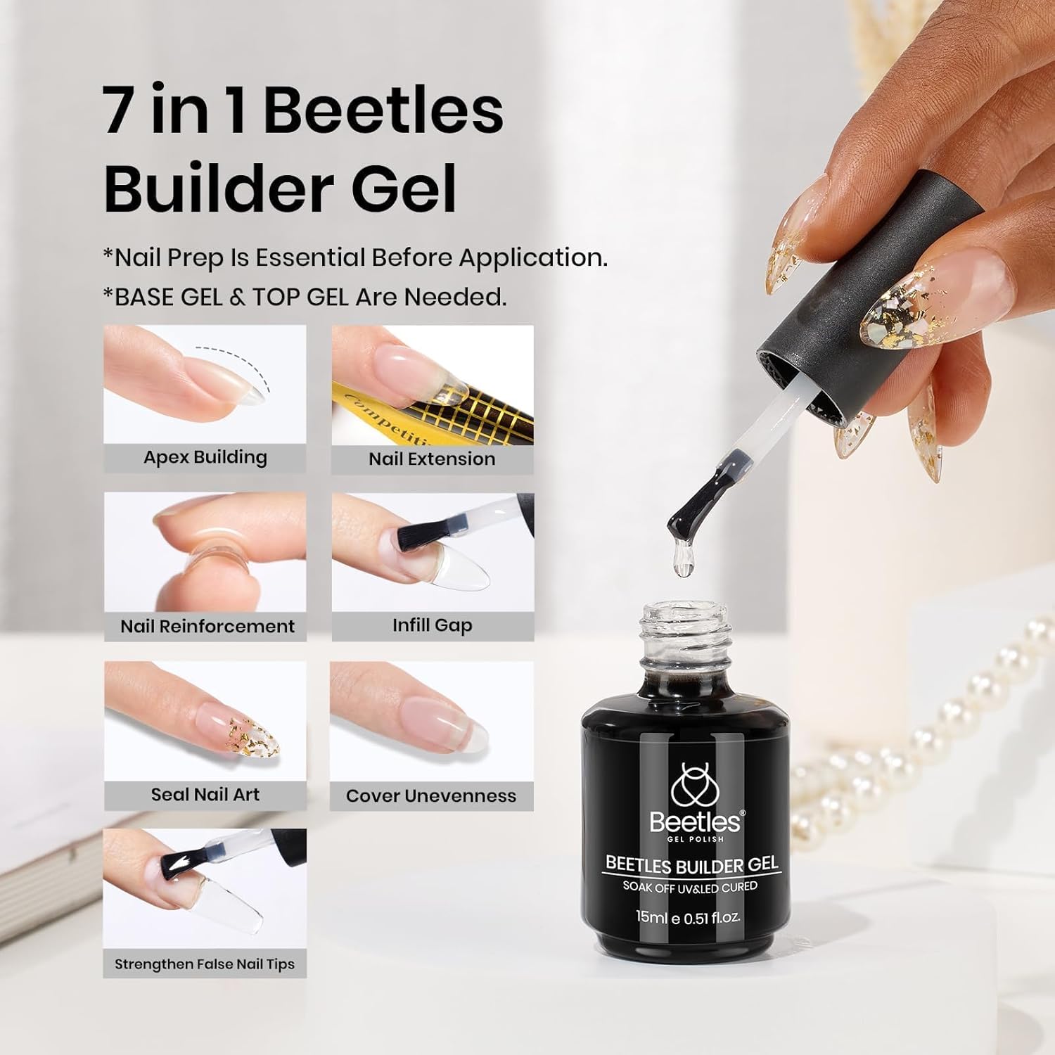 Beetles Clear Builder Gel for Nails 7 in 1 Clear Nail Builder Strengthener Gel Enhancement Nail Gel Building Nail Apex for Beginners & DIY Salon Manicure - Image 2