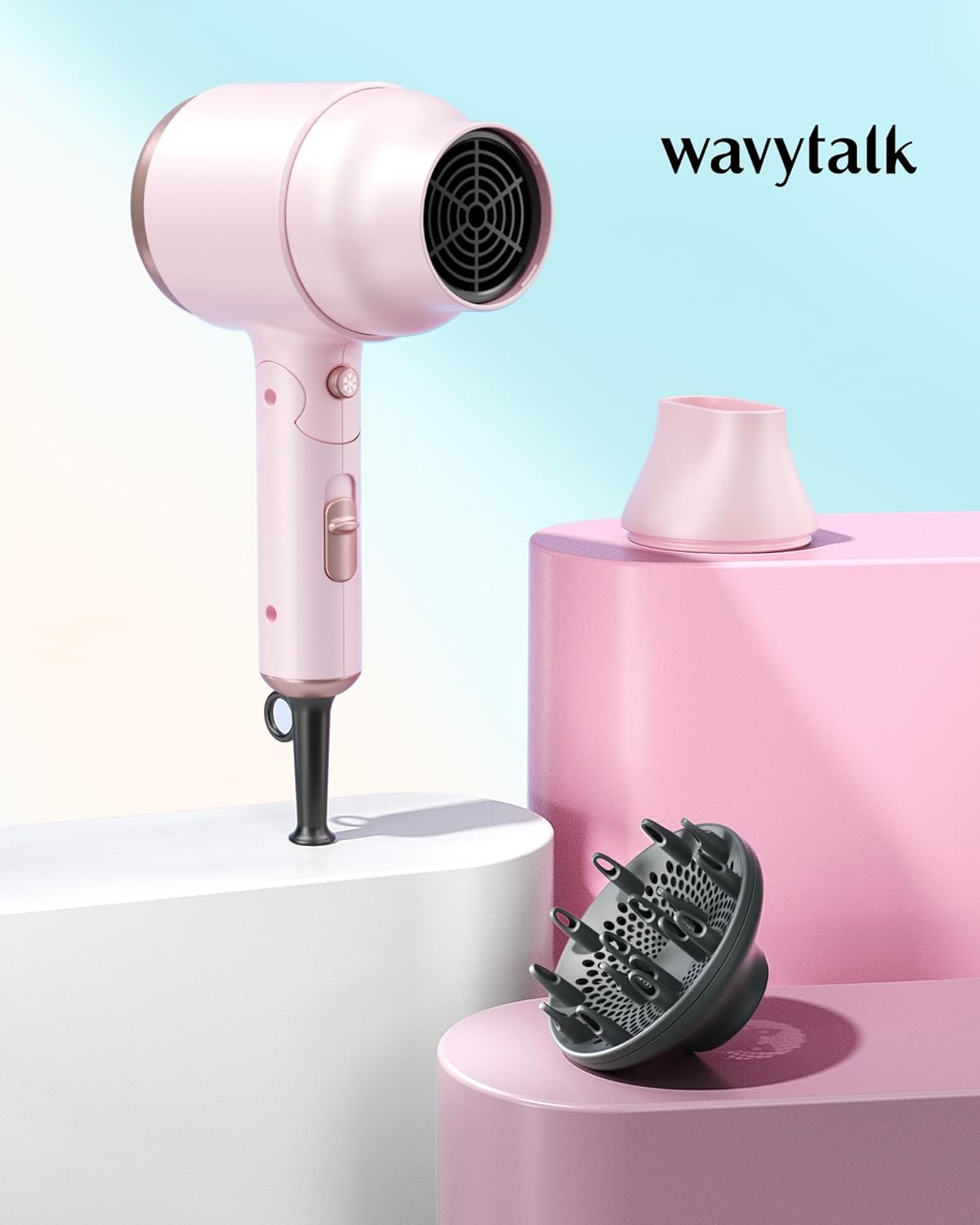 Wavytalk Blow Dryer with Diffuser, Mini Hair Dryer with Folding Handle, 1600W Quiet Lightweight Hairdryer with Diffuser Compact Design, Pinky White - Image 6