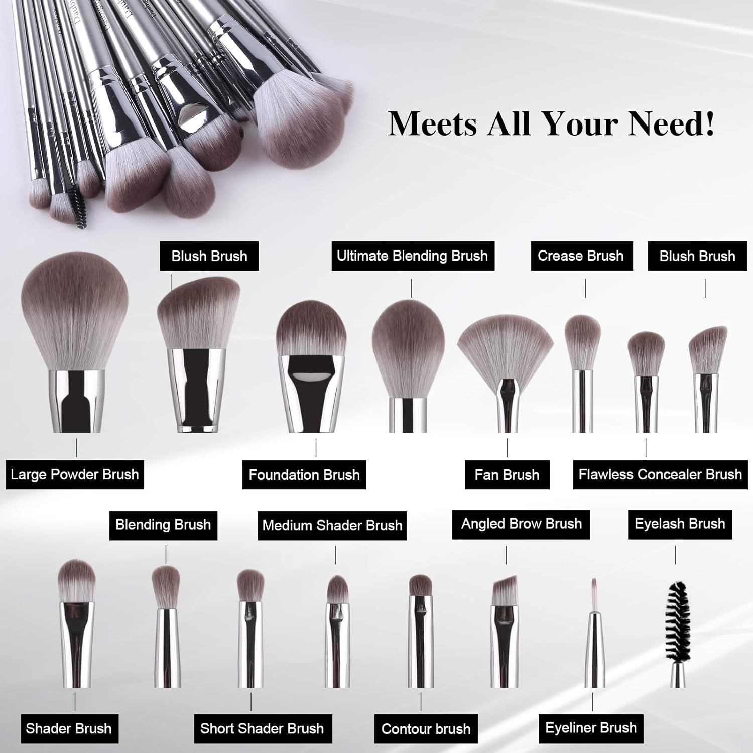 Makeup Brushes,Daubigny 16Pcs Silver Premium Synthetic Makeup Brush Set with Professional Foundation Brushes Powder Concealers Eye shadows Blush Makeup Brush for Perfect Makeup - Image 4