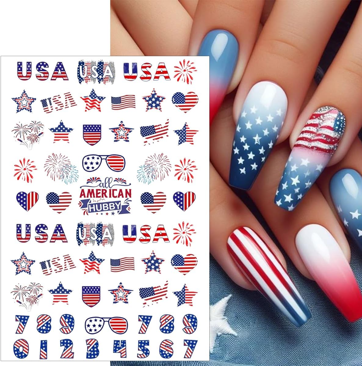6 Sheets 4th of July Nail Stickers for Nail Art 3D Self Adhesive Independence Day Nail Art Stickers American Flag Stars Letters Fireworks USA Nail Decals Fourth of July Design Sticker for Women - Image 8