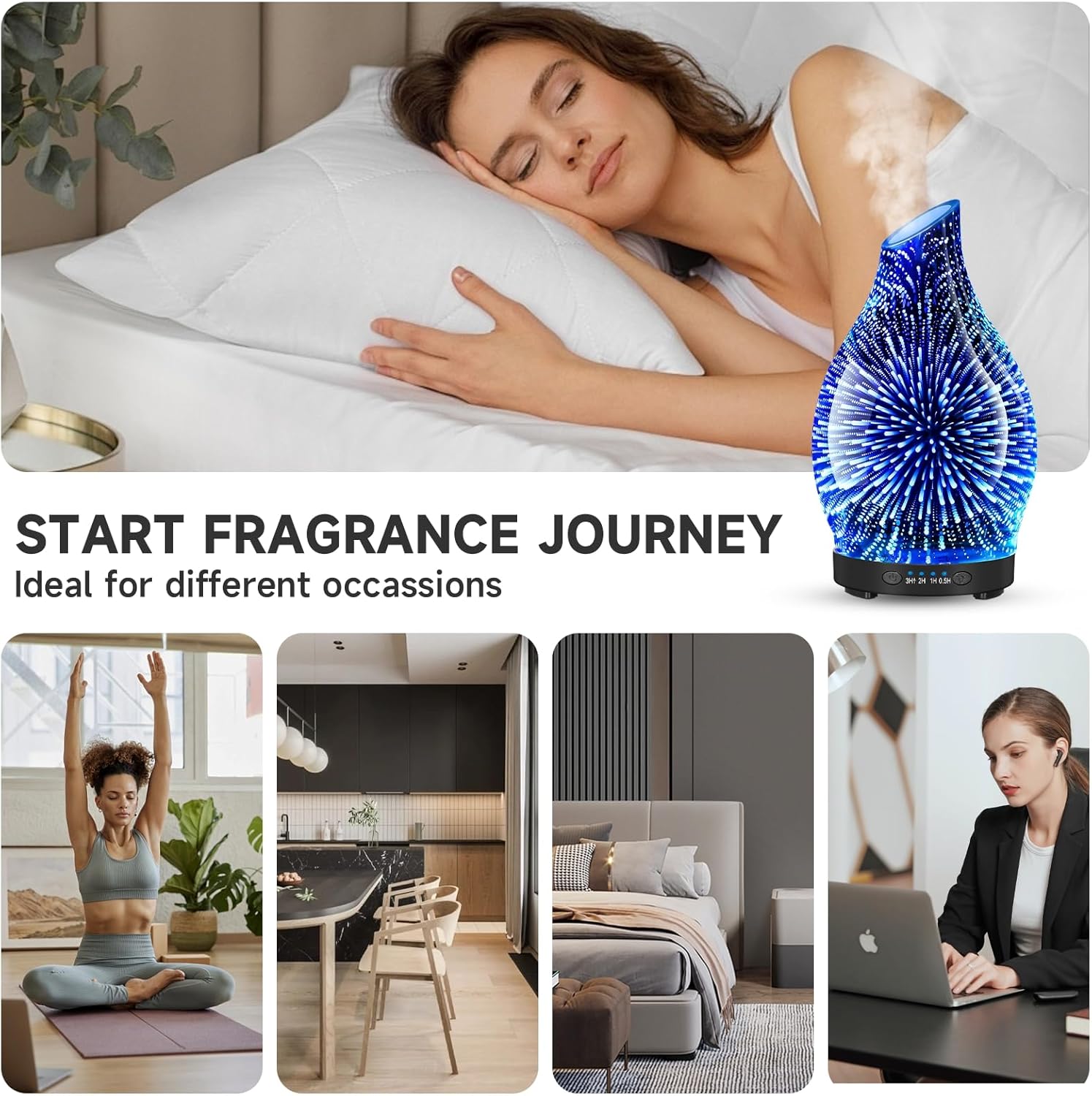 120ML Essential Oil Diffuser, 3D Glass Aromatherapy Diffuser with Auto Shut-Off and 7 Color LED Lights, Ultrasonic Mist Humidifier with 4 Timer for Home Office Bedroom (3D Fireworks) - Image 6