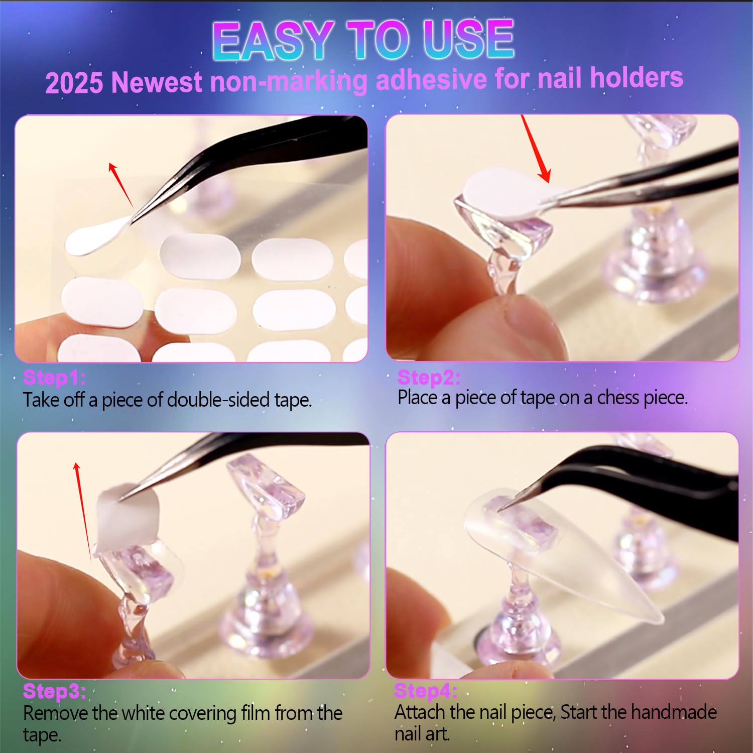 2 Set Nail Stands, Thickened Metal Nail Stand for Press Ons, Aurora Heart Nail Polish Holder for Painting, Fake Nail Display Stand Nail Practice Magnetic Nail Art Tools w/ 100Pcs Reusable Glue Tabs - Image 5