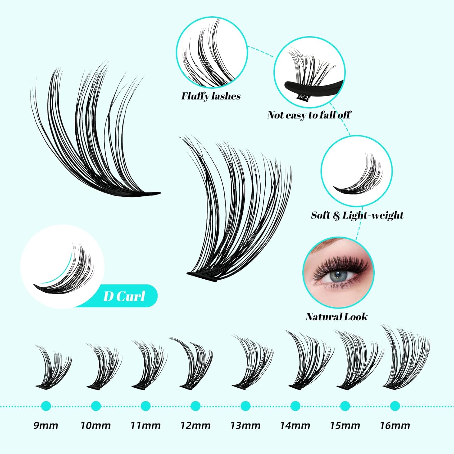 Lash Clusters Kit 320Pcs,DIY Individual Lashes Clusters Kit,Lash Bond And Seal,Lash Remover For Eyelashes Extensions,Lash Applicator Tool For False Eyelash Cluster Kit At Home(3040D,D-Mix9-16mm Kit) - Image 3