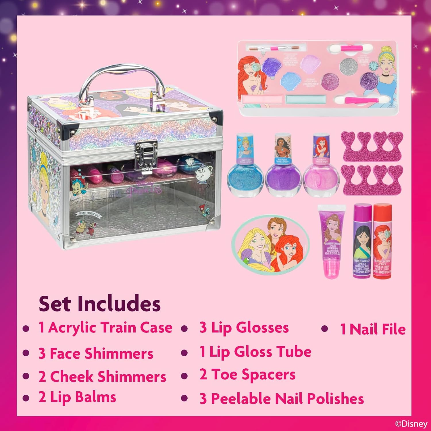 Disney Princess Train Case Beauty Set, Kids Makeup Kit for Girls, Real Washable Makeup Set, Play Makeup, Party Favor, Birthday, Ages 3 4 5 6 7 8 9 10 11 12 by Townley Girl - Image 2