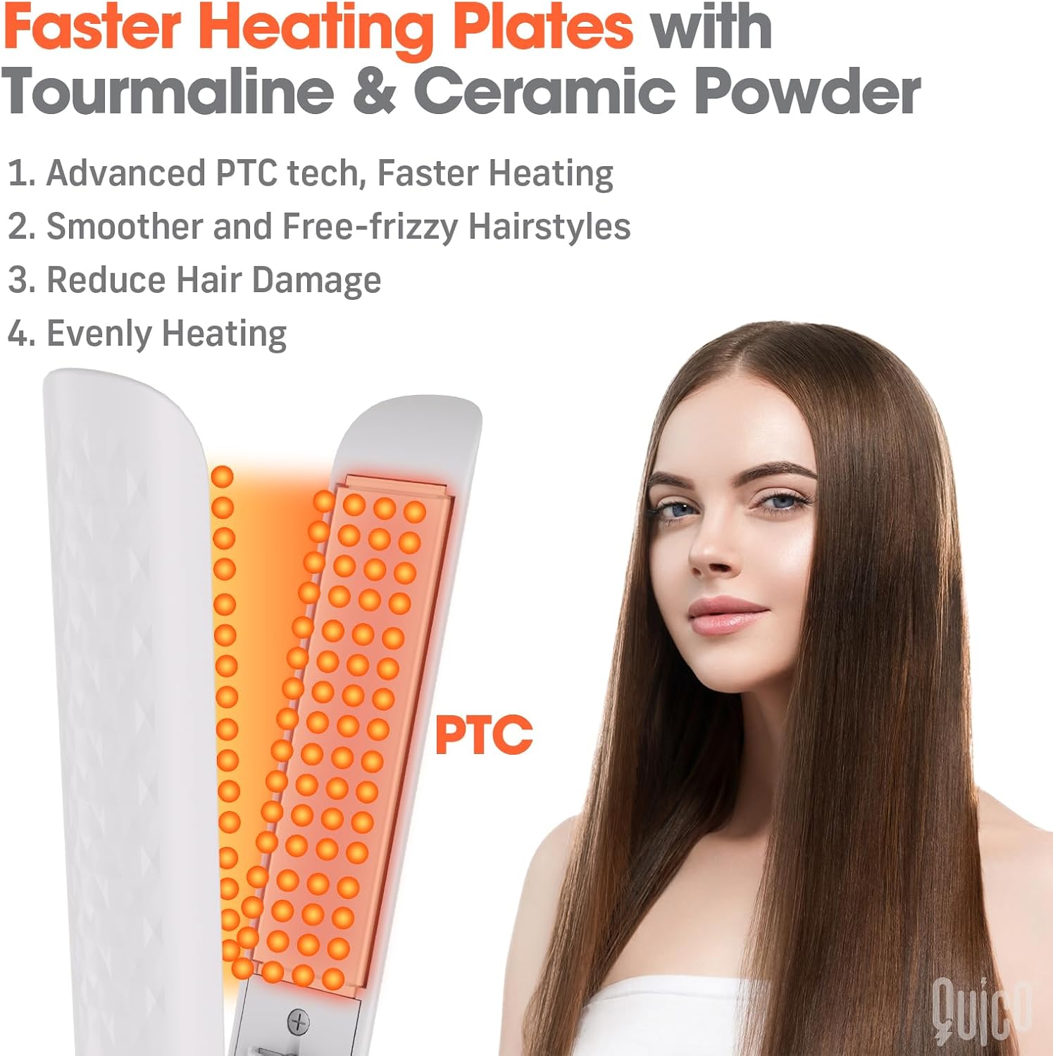 Quico Hair Straightener, 110-240V Global Travel Hair Straighteners for Women, 15s Fast Heating, Professional Negative Ion Flat Iron, Temp Memory, 320℉-450℉, Auto-Off, with Glove and Clips, Gift, White - Image 5