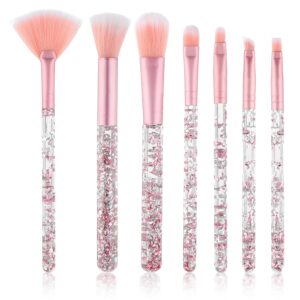 7 PCS Glitter Crystal Makeup Brush Set, Sparkles Fan Makeup Brushes Blush Powder Lip Shadow Eyebrow Eye Blender Brush Sequins Handle Professional Make up Brush for Women(Pink)