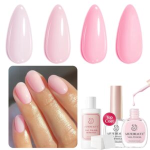 AZUREBEAUTY Nail Polish Set, Nude Pink Jelly Quick Dry Complete Starter Natural Nail Lacquer Strengthening Treatment Kit with Top Coat, 50Pcs Nail Remover Pad for Women