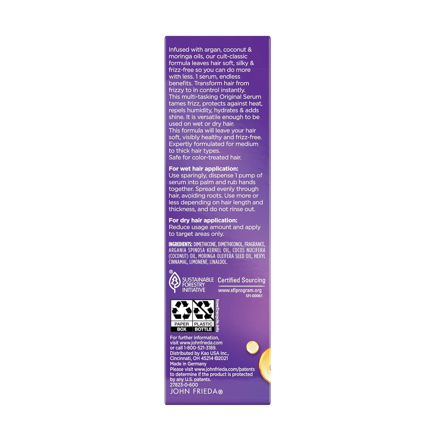 John Frieda Frizz Ease Original Hair Serum, Protecting Against Frizz, Heat, and Humidity While Adding Shine, Smooths Strands and Hydrates Parched Hair with Argan, Coconut, and Moringa Oil, 1.69 Oz - Image 8