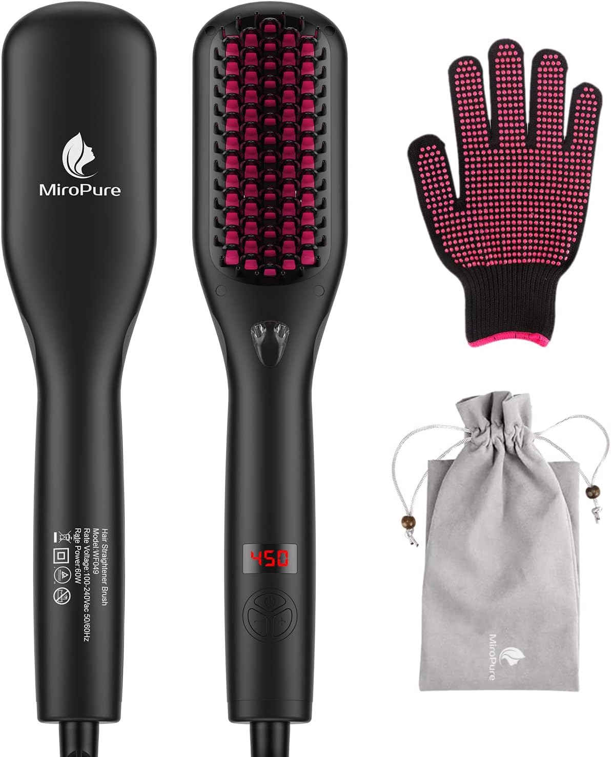 MiroPure Hair Straightener Brush Heated Straightening Brush with Ionic Generator, 30s Fast MCH Ceramic Even Heating, 11 Temperature Control, Professional Straightener Comb for Straightening (Black) - Image 9