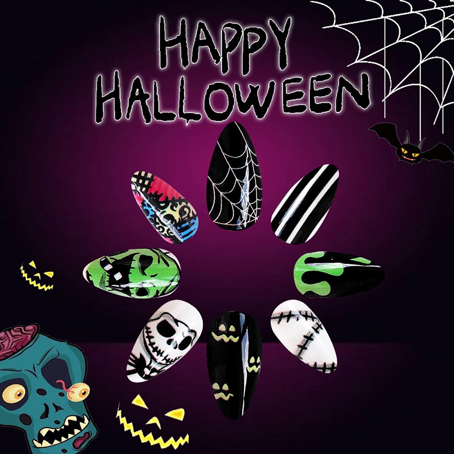 24 Pcs Halloween Press on Nails Medium Almond Fake Nightmare Before Christmas Acrylic With Spider Web and Green Monster Face Designs Glossy False Stick on for Women Girls - Image 4