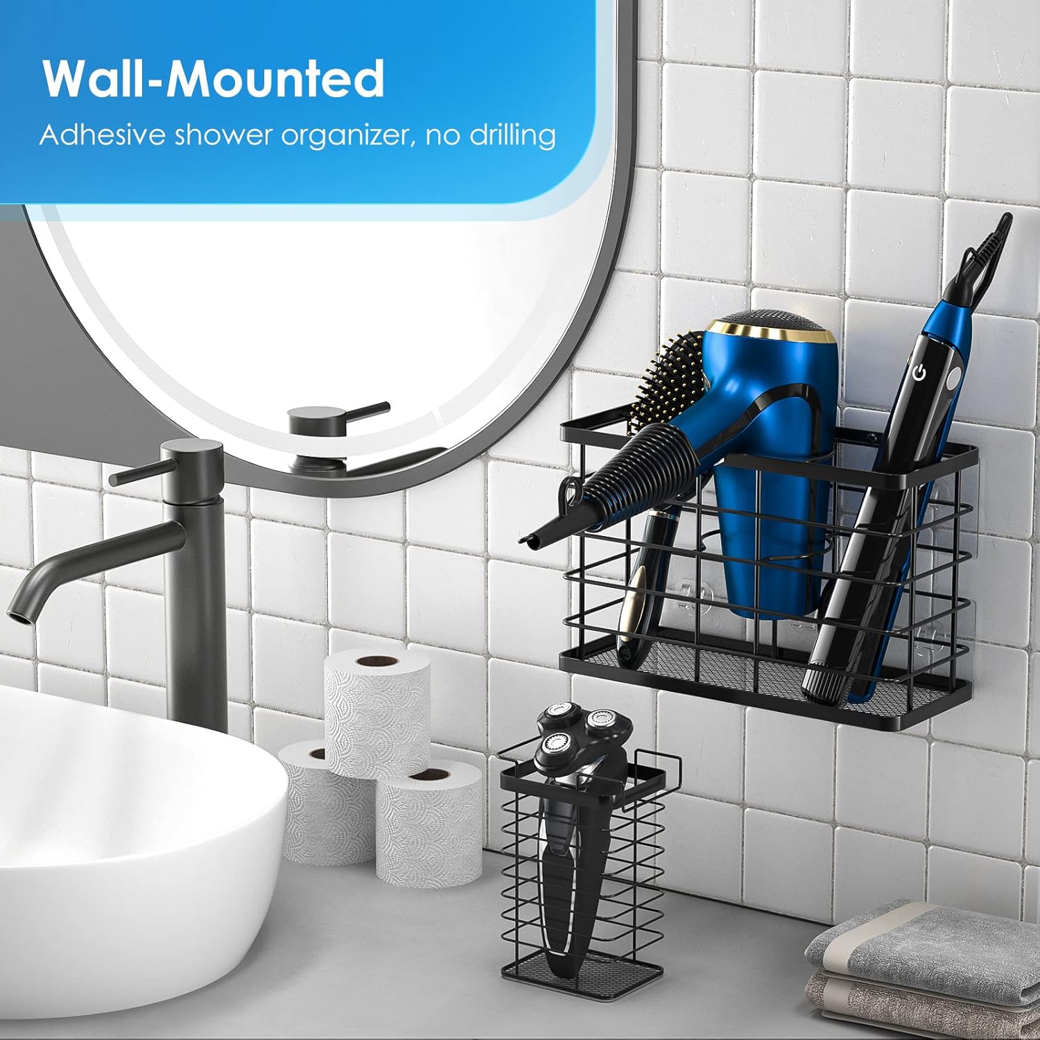 Hair Tool Organizer, Dryer Holder, 3 in 1 Blow Bathroom Organizer Wall Mounted/Cabinet Door for Flat Iron, Curling Straightener, Care & Styling Tools Storage Basket - Image 5