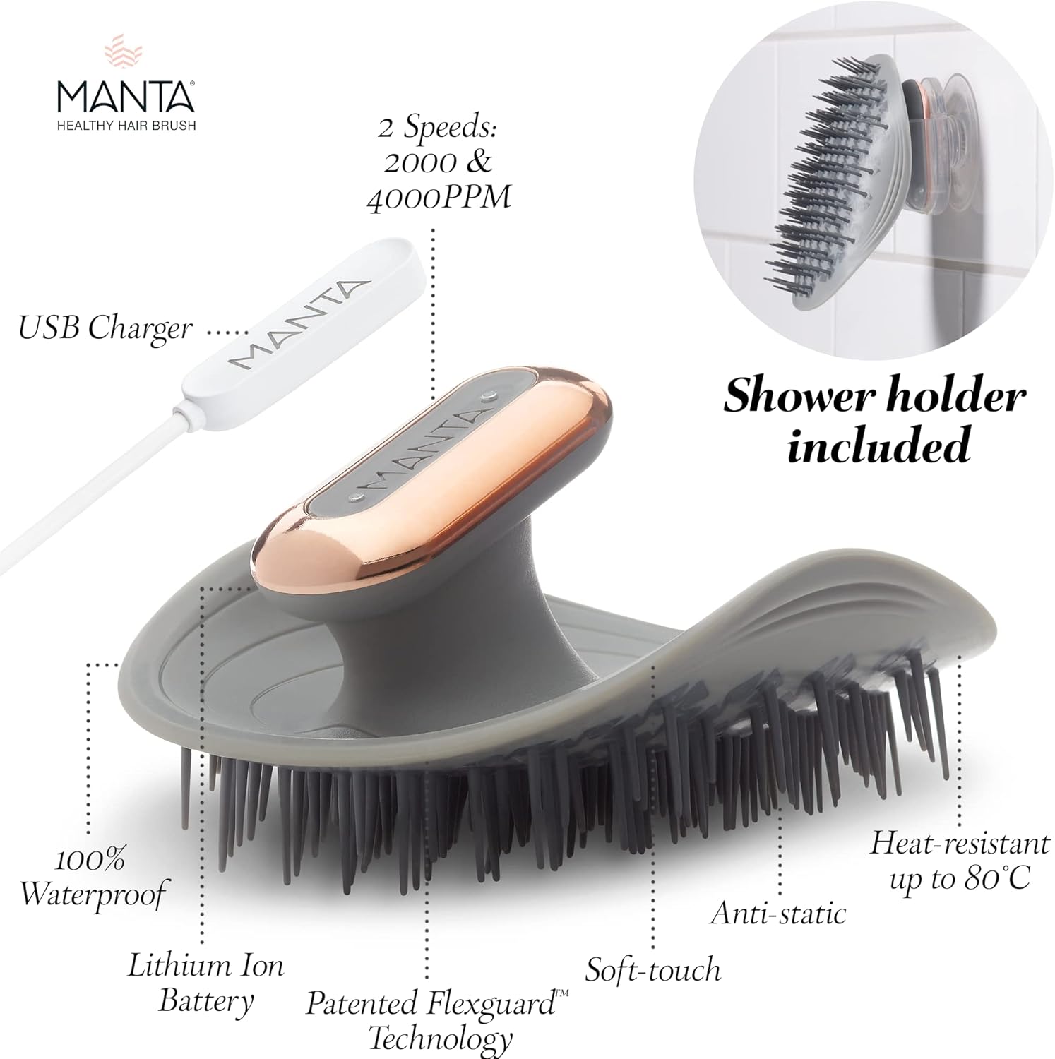 MANTA Pulse Electric Scalp Massage Brush โ Wet Exfoliating Scalp Massager, Shampoo Brush for Hair Growth with Shower Holder, Grey - Image 5
