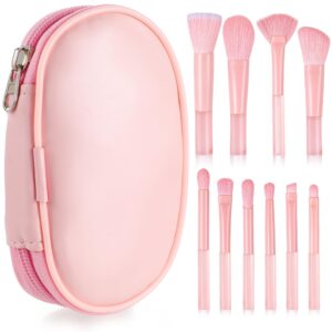 10 Pcs Travel Makeup Brush Set with Case Pink Mini Makeup Brushes Portable Travel Size Make up Brushes Kabuki Powder Foundation Blush Highlight Eye Blending Shadows Concealer Lips Brush for Travel