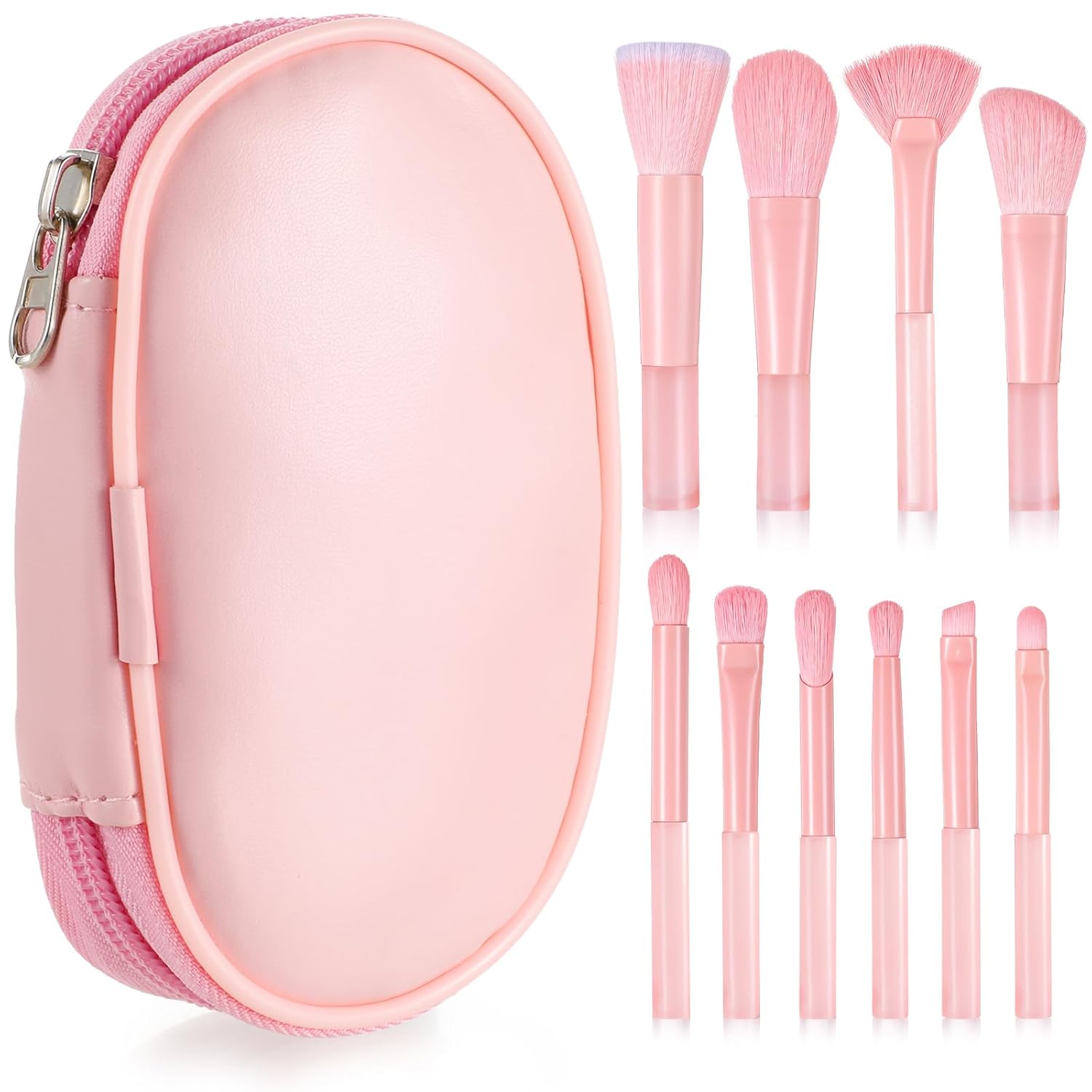 10 Pcs Travel Makeup Brush Set with Case Pink Mini Makeup Brushes Portable Travel Size Make up Brushes Kabuki Powder Foundation Blush Highlight Eye Blending Shadows Concealer Lips Brush for Travel