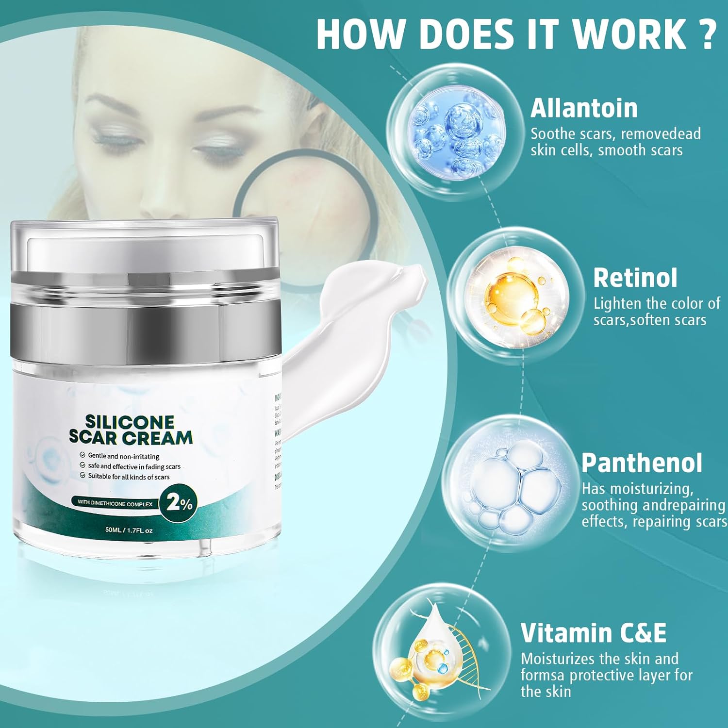 Advanced Scar Cream, Silicone Gel for Scars, Professional Scar Removal Cream for Surgical Scars, Stretch Marks, Old and New Scars 1.7 oz(50ml) - Image 2
