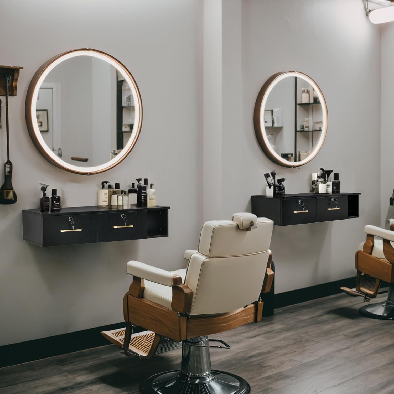 BarberPub Locking Wall Mount Styling Station, Barber Storage Floating Salon Station, Beauty Spa Salon Equipment with Drawers 2206 (Black) - Image 2