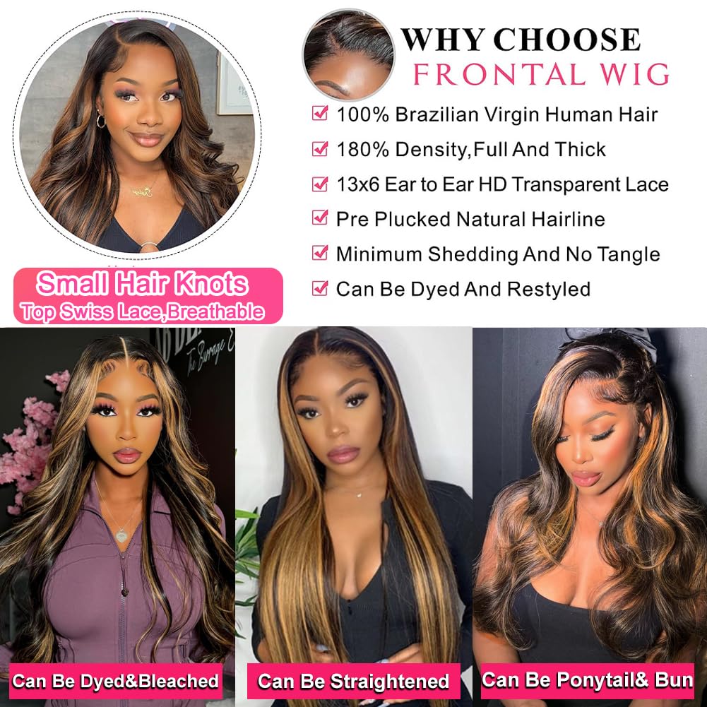 13x6 Ombre Human Hair Lace Front Wig 1B/30 Highlight 26 Inch Body Wave 180% Density HD Transparent - Image 3