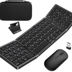 Foldable Keyboard and Mouse, EDJO Folding Wireless Keyboard Mouse Combo with Portable Case, Rechargeable 2.4G+Bluetooth Multi-Device Combo for Windows, iOS, Android, MacOS PC/Laptop/Tablet
