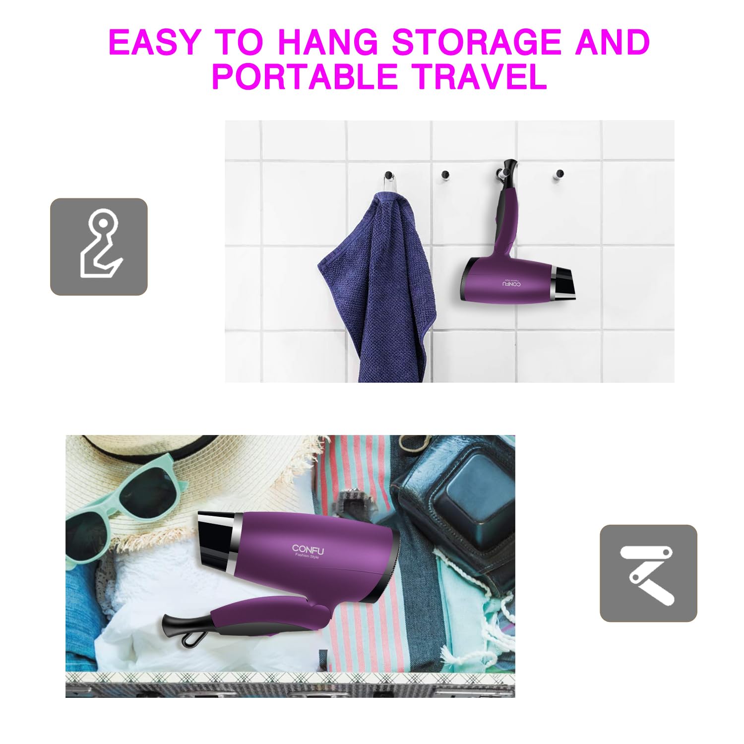 CONFU Portable Travel Hair Dryer 1600W Folding Handle Ceramic Tourmaline Ionic Purple - Image 7