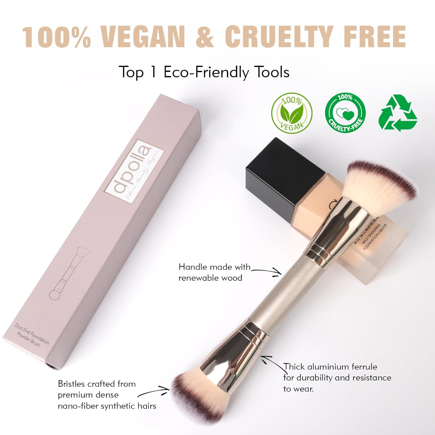 Dual-Ended Foundation Brush: Round & Angled Pro-Grade makeup brushes, 100% Vegan Synthetic Makeup Brush for Flawless Blending and Application of Liquid, Powder, Cream, Blush - Image 6