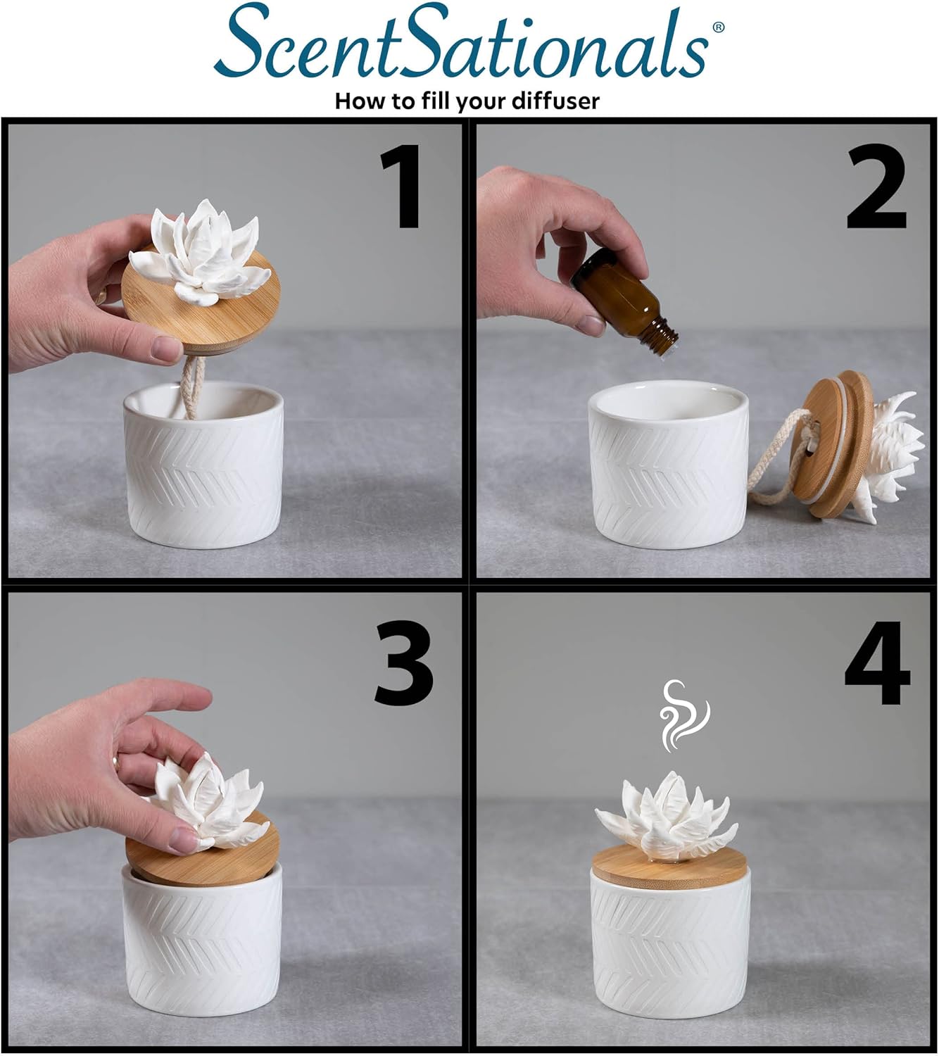 ScentSationals Ceramic Flower Essential Oil Diffuser - Passive Wicking Aromatherapy Diffuser for Living Room or Bedroom - No Power Home Fragrance Diffuser for Scented Essential Oils - Lyle - Image 4