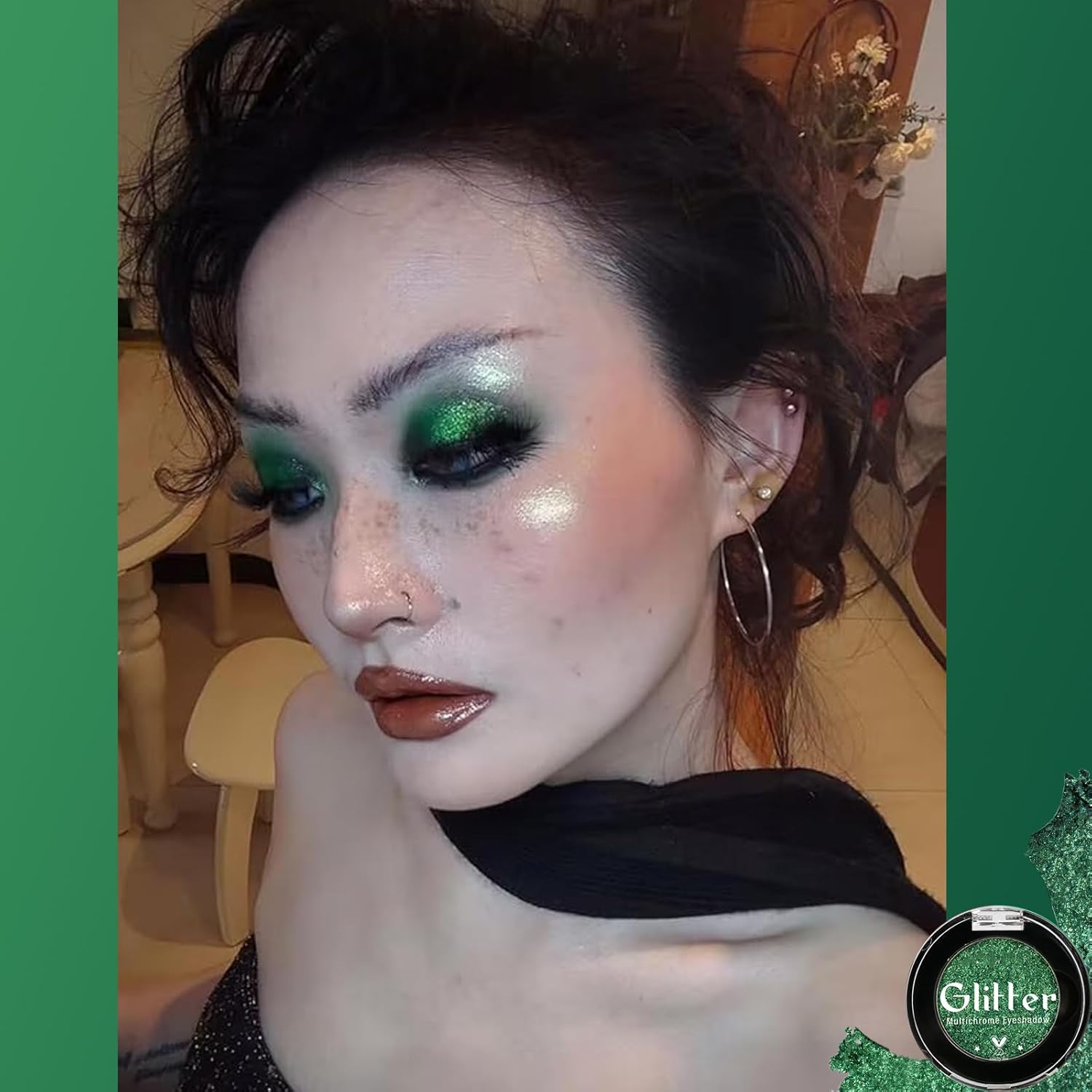 Green Eyeshadow Shimmery, Highly Pigmented Metallic Eye Glitter, Long Lasting Forest Green Sparkly Duo Chrome Eyeshadow Palette, Smooth Chameleon Glitter Eye Shadow for St Patrick’s Day, Talc Free#4D - Image 4