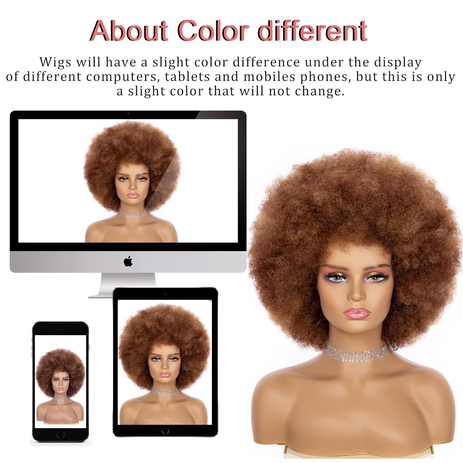 Afro Wig For Women - Mix Brown 70s Afro Wigs Natural Looking Huge Afro Kinky Curly Wigs With Bangs Short Bouncy Afro Curly Wig Soft Afro Puff Wig Synthetic Hair Afro Wig For Daily Party Use - Image 6