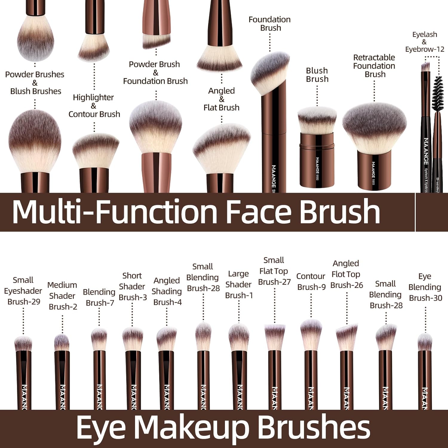 MAANGE 20 PCS Foundation Makeup Brush Set, Double-ended Kabuki Contour Brush for Liquid Powder Concealer Blending Blush Face Makeup Tools (Coffee) - Image 3