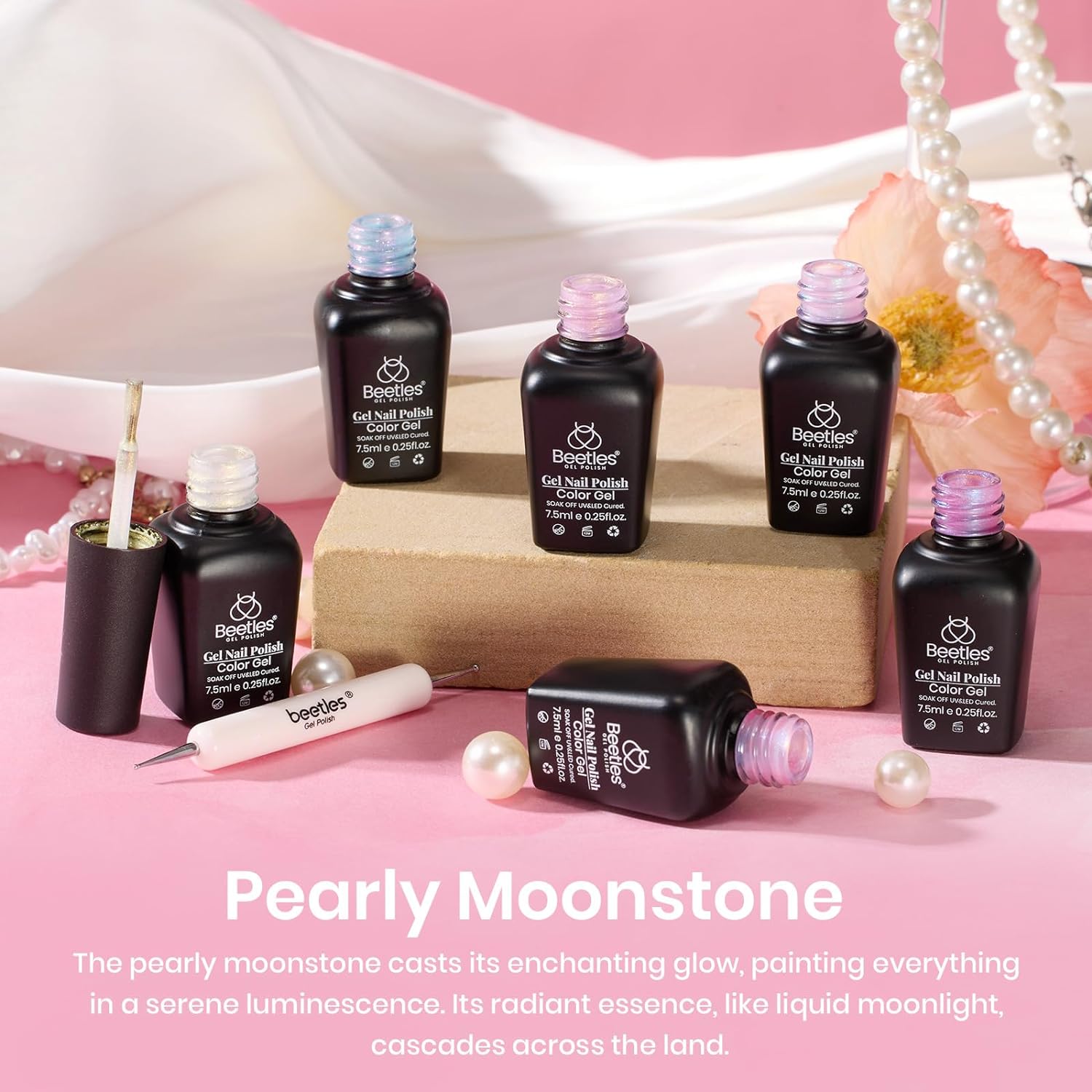 Beetles Pearl Gel Nail Polish, 6 Colors Shimmer Pearl White Pink Purple Mermaid Nail Drawing Gel Polish Soak Off Uv Gel Polish Swirl Shell Thread Effect DIY Manicure Gift for Women - Image 2