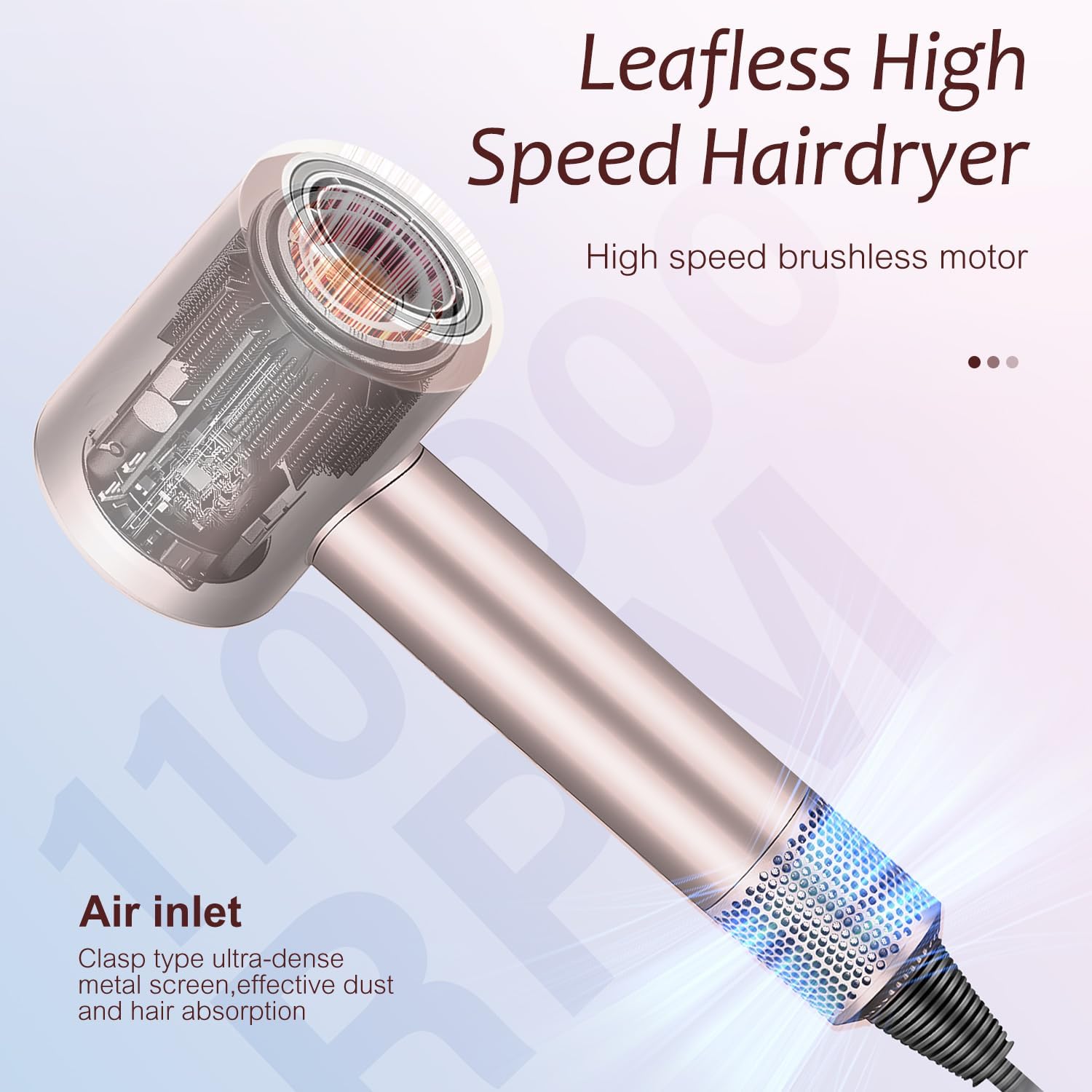 Brushless Powerful Hair Dryer, 1600W 110,000 RPM Fast Drying High Speed Blow Dryer with Negative Ion Technology, Portable Lightweight with Diffuser and Nozzle for Home Salon Travel, Pink - Image 2