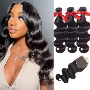 ALLRUN Body Wave Bundles with Closure Human Hair 100% Unprocessed Brazilian Human Hair Bundles Body Wave with 4x4 Lace Closure Free Part Wavy Sew In Hair Extensions Black Color 14 16 18+12 Inch