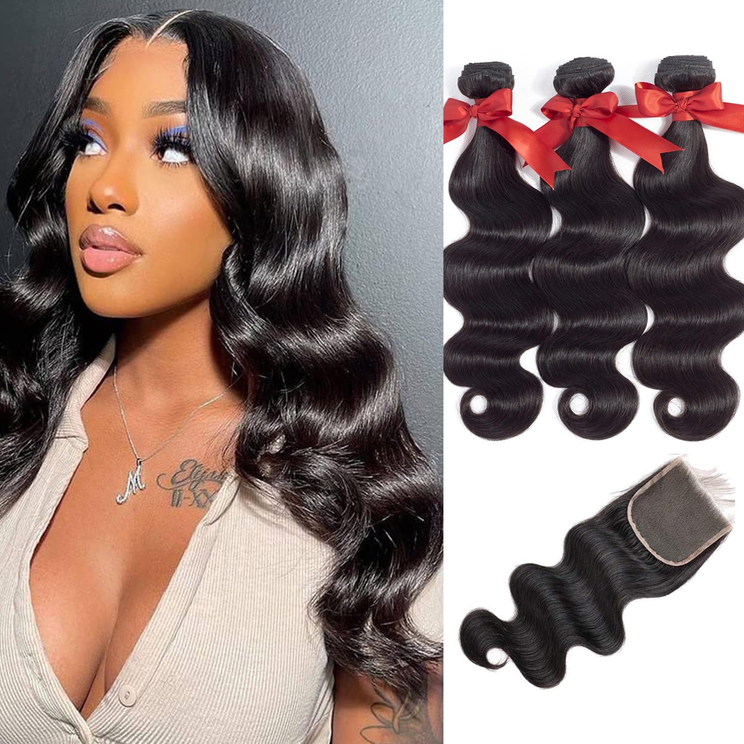 ALLRUN Body Wave Bundles with Closure Human Hair 100% Unprocessed Brazilian Human Hair Bundles Body Wave with 4x4 Lace Closure Free Part Wavy Sew In Hair Extensions Black Color 14 16 18+12 Inch