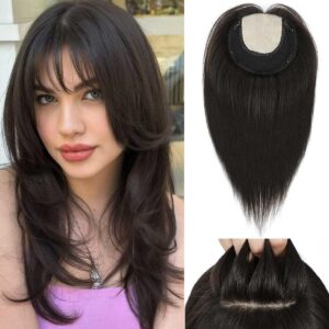 Hair Toppers for Women - 8x8inch Real Human Hair With Bangs, 16inch Skin Scalp Big Base Cover for Thinning or Hair Loss - Remy Top Pieces Wiglets