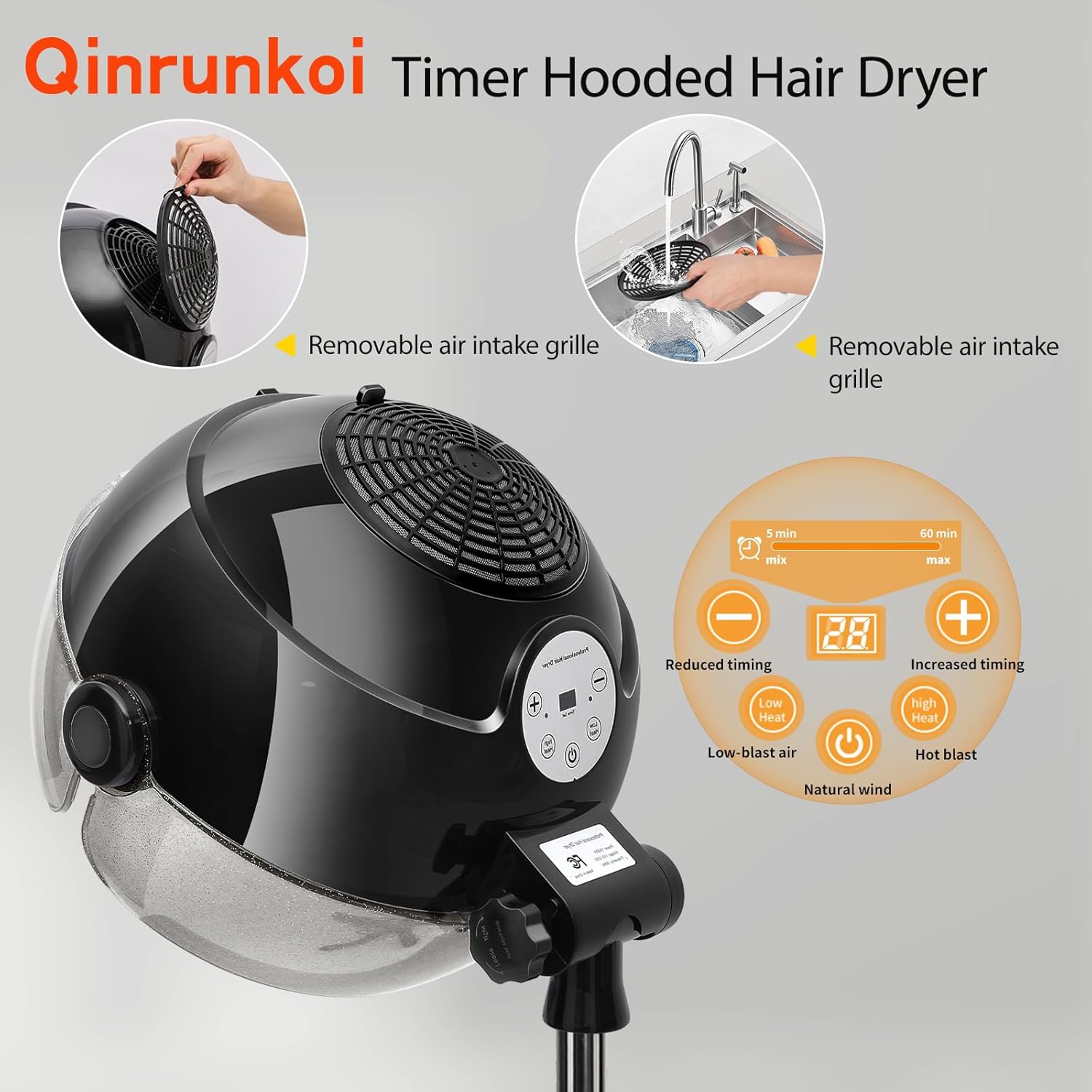 Hooded Hair Dryer, Adjustable Stand Hair Dryer on Wheels,Professional Ionic Bonnet Dryer with 3 Temperature Settings, for Salon, Spa or at Home Use - Image 4