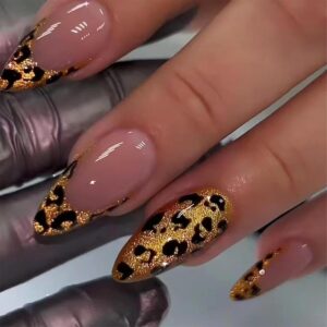 MERVF Almond Press on Nails Medium Fake Nails Gold Glitter French Tip Stiletto Glue on Nails with Leopard Design Acrylic Nails Sparkle Cheetah Press ons 24pcs Glossy
