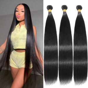 Straight Human Hair Bundles Human Hair 30 32 34 Inch100% Unprocessed 12A Brazilian Virgin Hair Weave Straight Bundles Human Hair Extensions Natural Black Color